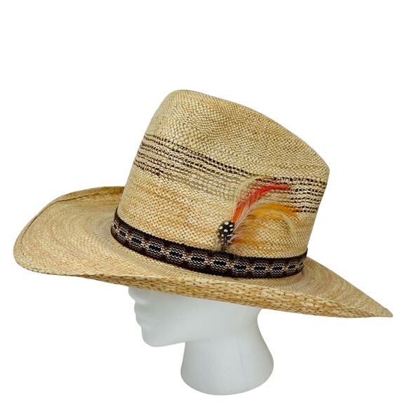 Stylish Straw Cowboy Hat with Feathered Hat Band - Picture 3 of 8